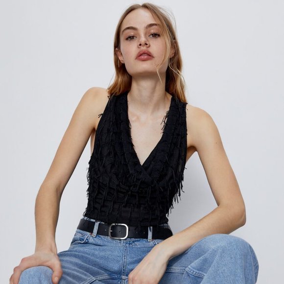NWT Zara Fringed Bodysuit Black - Picture 4 of 9